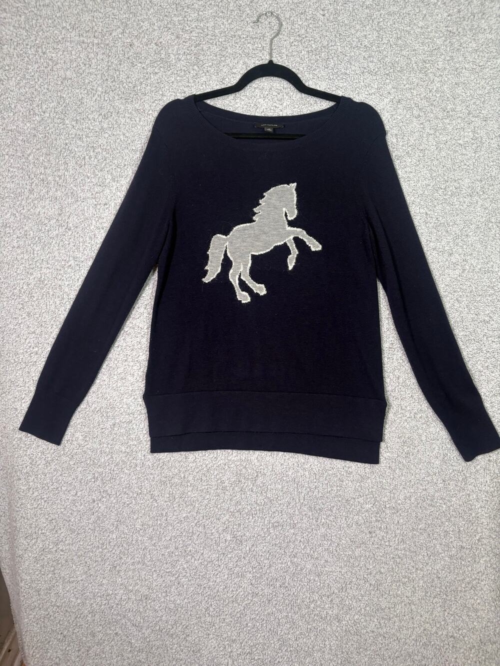 Ann Taylor M Navy Horse Intarsia Wool Mohair Sweater Equestrian